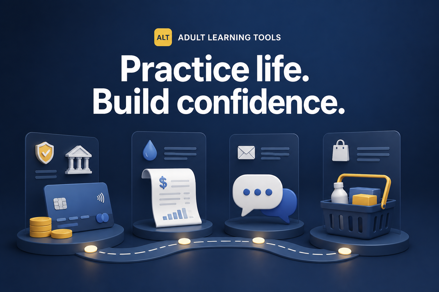 Adult Learning Tools visual showing guided practice across banking, household bills, communication and shopping