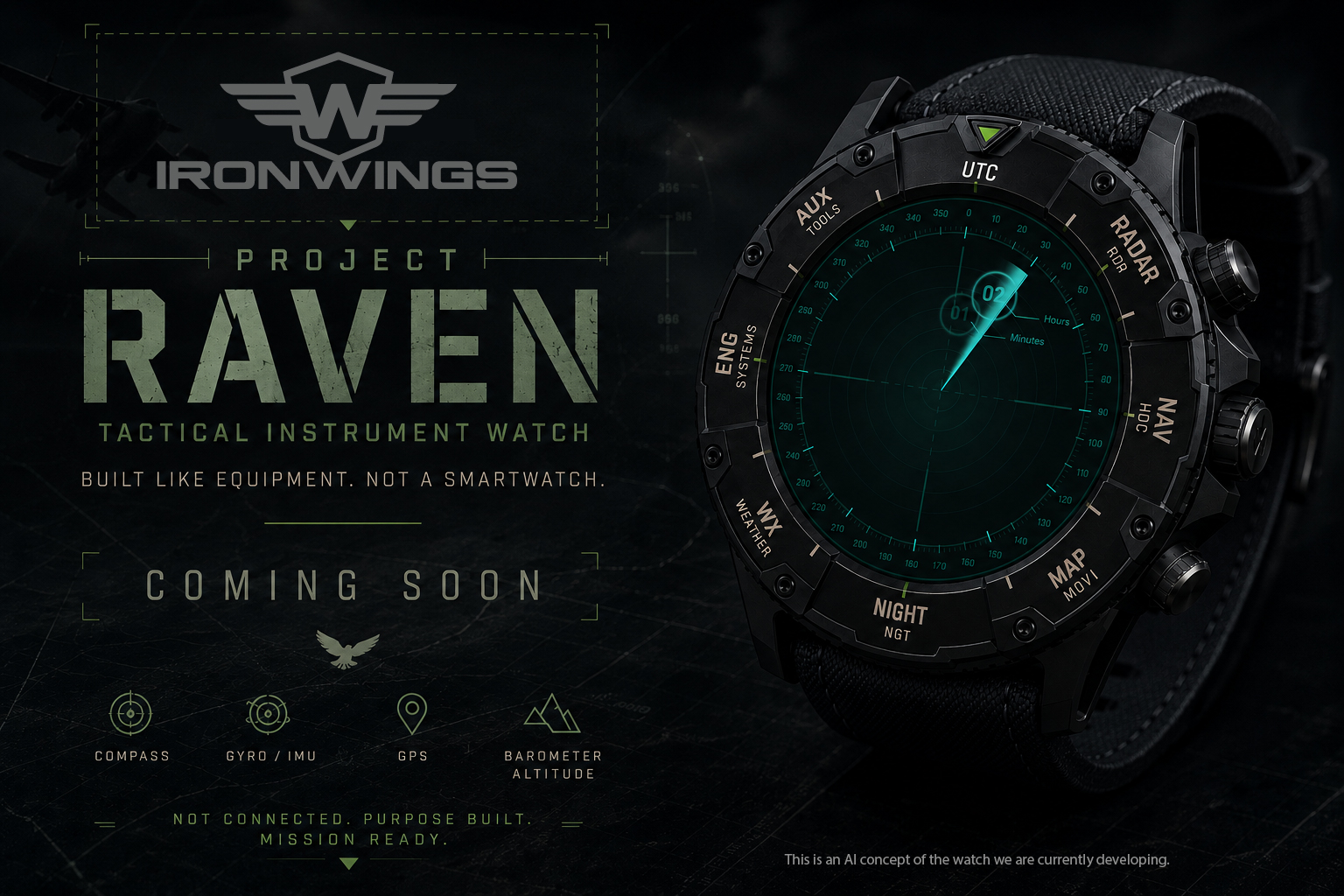 Project Raven tactical instrument watch concept showing radar-style display and rugged physical controls