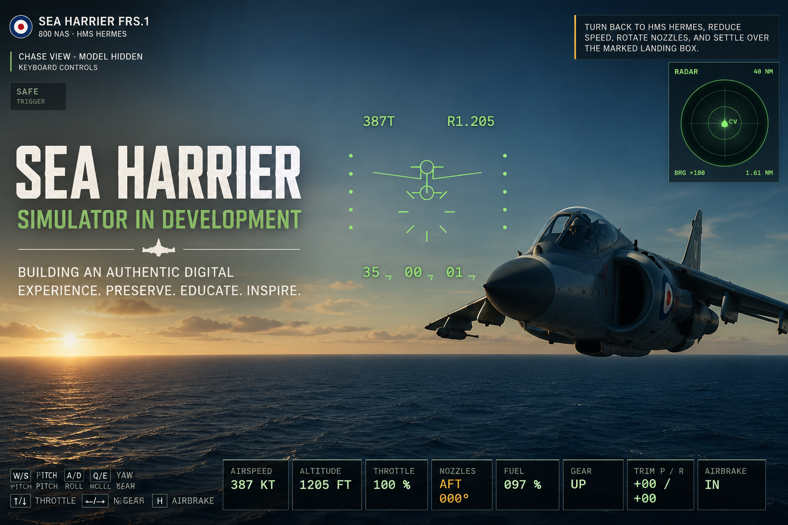 Sea Harrier simulator software in development showing the aircraft, head-up display, radar and flight instrumentation