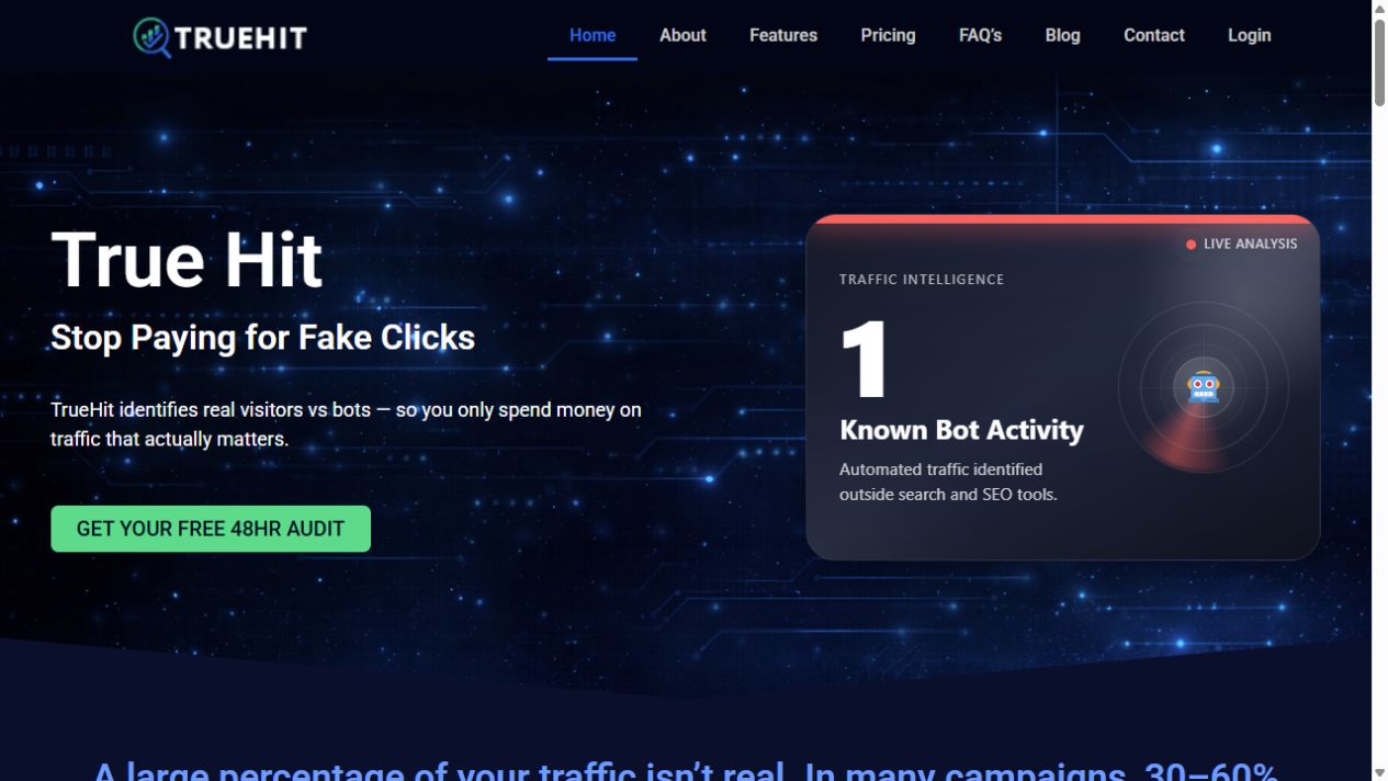 TrueHit live traffic intelligence platform identifying known bot activity